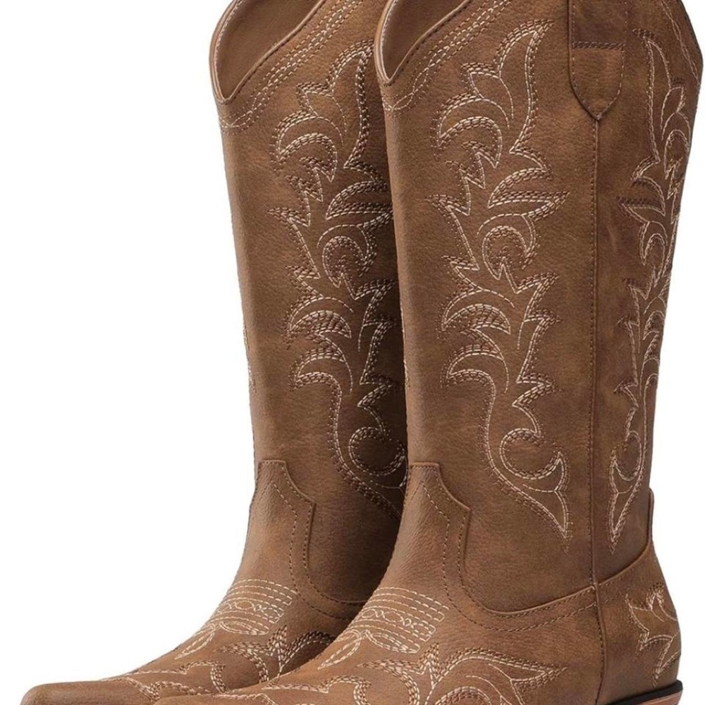 DREAM PAIRS Womens Square Toe Mid Calf Western Cowgirl Boots Brown Size 7.5